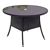 Warmiehomy Rattan Garden Table Dining Tempered Glass Patio Table Top Coffee Table Outdoor Bistro Table with Umbrella Hole(Black,Round Table with Hole)