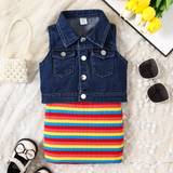SHEIN Baby Girl Casual Denim Vest With Single Breasted Design And Striped Suspender Dress TwoPiece Outfit