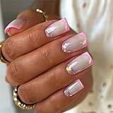 24Pcs Pink French False Nails - Press on Nails - Square Long Glitter Sequins Fake with Glue - Glossy Full Cover Glue on Nails - Long Lasting Stick on Nails Gifts for Women