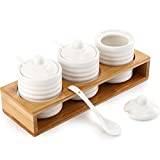 DEAYOU 3 Pack Porcelain Condiment Jar with Lid and Spoon, Ceramic Salt and Pepper Containers with Bamboo Wood Tray, White Pottery Seasoning Box Pot Sugar Bowls for Kitchen, Home, Tea, Coffee, 7 OZ