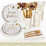 AIPartywar Party Tableware 193Pcs White and Gold Happy Birthday Theme Kids Birthday Decoration Party Accessories Set Includes Paper Plates Napkins Cups Knive Fork Spoon-24 Guests