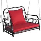 COSTWAY Hanging Porch Swing Chair, 1/2 Person Rattan Woven Hammock Chair with Back and Seat Cushion, Indoor Outdoor Front Porch Hanging Seat (Red + Mix Brown, 80 x 64 x 58 cm)