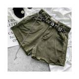 Summer green denim shorts for girls waist loose wide leg pants belt decoration streetwear sexy - Multicoloured - 36"