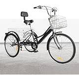 VonVVer 24" Adult Tricycle with 2 Basket - 3-Wheel Adult Trike Bike with Backrest Height Adjustable Seniors Cruiser Bikes 120kg Load Tricycle Bike 7 Speed for Outdoor Sports Shopping