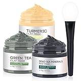 Green Tea Clay Mask, Dead Sea Minerals Mud Mask, Turmeric Clay Facial Mask, Face Masks Skincare for Pore, Blackhead, Blemish and Acne, 70g*3