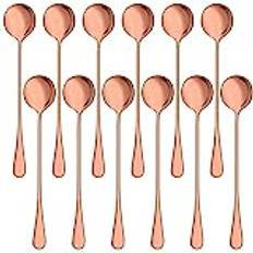 Vyndicca Pack of 12 Long Drink Spoons, 19 cm Latte Macchiato Spoon, Stainless Steel Ice Cream Spoon, Cocktail Mixing Spoon, Long Spoon for Coffee, Cocktail, Milkshake, Cool Drinking, Rose Gold
