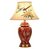 Red Glazed Ceramic Table Lamp Chinese-Style Bedroom Bedside Lamp with Embroidery Lampshade Large Desk Lamp for Wedding Room Living Room End Table Decoration Lighting