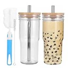 Iced Coffee Cup, WIGUROE 2Pack 24Oz Glass Tumbler with Bamboo Lid and Straw, Glass Cups Drinking Glasses, Beer Glasses, Mason Jar Drinking Glasses for Long Drinks, Water, Cocktail, Whiskey, Soda, Gift
