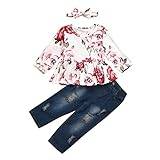 Toddler Kids Child Infant Baby Girls Long Sleeve Floral Print Tops Blouse Ripped Jeans Pant Trousers with Headbands Outfits Set 3PCS Cute Sweat Pants for Teen Girls (A, 12-18 Months)