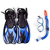 Two Bare Feet Snorkel, Mask and Fins/Flippers PVC Diving Set (Kids) With Anti Fog and Wide View Mask, Anti-Leak, Tempered Glass- Scuba Dive Snorkelling Sets (L/XL (UK 1-4), Blue)