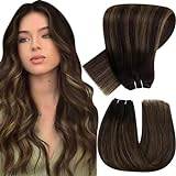 Human Hair Weft Hair Extensions Brown Real Hair Weft Extensions Balayage Human Hair Darkest Brown to Ash Brown Clip on Hair Extensions Straight Invisible14Inch 2/8/2 80g