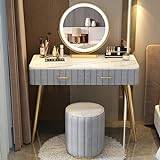 FairyHover Make-Up Table with 360° Revolving Round Mirror Dressing Table and Stool Set with 2 Storage Drawers Dresser Furniture Gift for Girls Women B,100 * 40 * 76CM