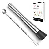 25cm Muddler & Bar Spoon, Stainless Steel Cocktail Muddler & Mixing Cocktail Spoon Set with Cocktail Recipes eBook - Pestle Muddler/Bar Spoon/Cocktail Making Set & Home Bar Accessories - Cresimo