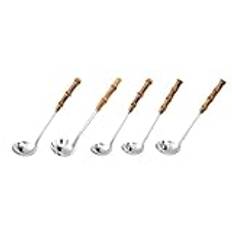 BEEOFICEPENG 5Pcs Soup Ladle & Slotted Spoon Set, Stainless Steel Kitchen Ladles with Natural Bamboo Handle for HotPot Cooking Ladle