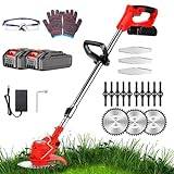 MYJHUIY 24V Cordless Grass Strimmer, Electric with Blade Grass Trimmer, 2 * 1500mAh Batteries Garden Trimmer, Light Weight/Quick Charging/ 3 Types Blades,Height Adjustable Grass Trimmer（Red）