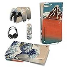 playvital Full Set Skin Sticker for ps5 Slim Console Disc Edition (The New Smaller Design), Vinyl Skin Decal Cover for ps5 Controller & Headset & Charging Station & Media Remote - The Great Wave