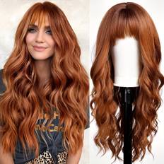 Orange Wigs With Bangs, Ginger Long Wavy Wig For Women, Long Curly Synthetic Hair Wig For Party Daily Use 26 Inch