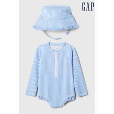 Gap Blue Stripe Rashguard Swimsuit and Hat Baby Set (Newborn-5yrs)