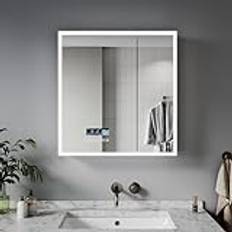 ELEGANT Bathroom Cabinet with Shaver Socket and Bluetooth Speaker 600 x 630mm Heated Bathroom Mirror Cabinet with Light 2 Door Stainless Steel Illuminated Bathroom Cabinet