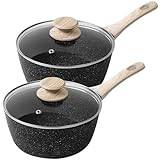 Rainberg Saucepan with Lid, Nonstick Milk Pan Suitable with Induction, Gas and Electric Hobs, Cooking Pot with Pour Spout. (Black, 2PK 16 & 18cm)