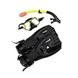 Two Bare Feet X-Dive Silicone Mask Dry Top Snorkel & F70 Fins Complete Diving Snorkel Set (M266S SN134S Yellow/Black, F70 S/M)