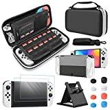 FYOUNG Carry Case for Nintendo Switch OLED and Protector Accessories Bundle, Travel Carrying Case Bundle with Switch OLED Protective Case, Screen Protector, Thumb Grip Covers Accessories Kit - Black