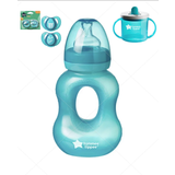 Tommee tippee bottles 240g 3+, first cup 190g 4+, 2 soothers, blue