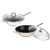 Villeroy & Boch Vivo COMBO-5297 Stainless Steel Wok Set of 2 – 30 cm Non-Stick Coated Deep Pan with Glass Lid, Induction Suitable, Large Pan for Stir Fry with Flat Bottom, Cook with Little Or No Oil