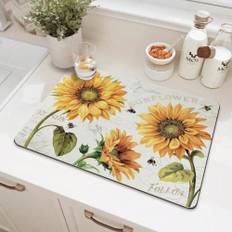 SHEIN PC Sunflower Bee Dish Drying Mat For Kitchen Counter Decor x Inch Floral Absorbent Reversible Microfiber Dish Drying Pad Flower Dish Drainer Rack Mats