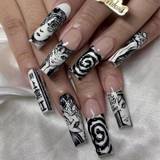 24pcs Spooky Halloween Joker Ghost Nails - Glossy Long Coffin False Nails For Women & Girls