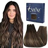 Fshine Weave Hair Extensions Human Hair Double Weft Darkest Brown Fading to Light Brown Highlight Darkest Brown Sew in Hair Real Extensions 18 Inch Real Hair Weft 100g