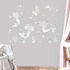 Wooshwa 3D Acrylic Mirror Wall Stickers Mermaid Wall Decals for Girls Bedroom Baby Nursery Kids Room(Silver)