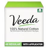 Veeda 100% Natural Cotton Regular Tampons with Compact BPA-Free Applicator, Dermatologically Tested, Chlorine, Fragrance and Dye Free, Unscented, 48 Count
