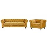 Beliani Classic English 3 Seater + Armchair Sofa Set Velvet Mustard Yellow Chesterfield