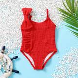 Baby Girl Bow Decor Wavy Textured One Piece Swimsuit