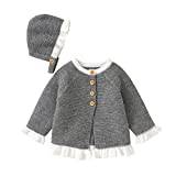 Baby Girl Boy Knit Cardigan Sweater Warm Pullover Tops Toddler Infant Solid Ruffled Outerwear Jacket Coat with Hat Caps Outfits Clothes Girls Sweater Dress Grey