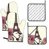 Oven Mitts and Pot Holders Set of 4 Kitchen Oven Mitts Set Heat Tower and Bicycle Flowers Printed Resistant Oven Mittens Potholders for Kitchen Cooking Baking BBQ
