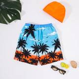 SHEIN Tween Boy Casual Vacation Style Palm Tree  Beach Pattern Woven Loose Beach Shorts  Knit Fluorescent Swim Cap pcs Swimwear Set Bathing Suit Vacay Vibe