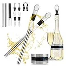 Vusddy 7-in-1 Wine Cooling Stick Set - Set of 2 Stainless Steel Wine Bottle Coolers with Pourer, Foil Cutter, Corkscrew and Thermometer - Wine Accessories Gift for Wine Connoisseurs and Lovers