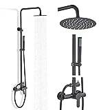 MOSSON Shower System Matte Black Outdoor Shower Faucet Set with 8" Rain Shower Head Handheld Sprayer Single Handle Stainless Steel Wall Mounted Shower Fixtures for Bathroom or Backyard