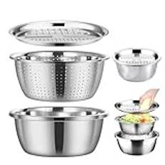 Multifunctional Stainless Steel Basin with Grater Vegetable Cutter,Strainers and Colanders Kitchen Colander Strainer Set,Salad Spinner Fruit Vegetable Rice Washing Strainer Basket Washing Bowl (26cm)