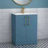 Modena 500mm Satin Blue Floor Standing Vanity Unit 2 Door Minimalist Basin With Brushed Brass Handle