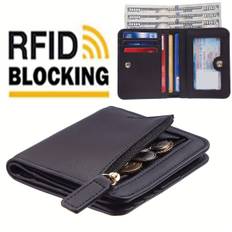 Small Rfid Blocking Short Wallet, Foldable Pu Leather Coin Purse, Solid Color Card Holder For Coin & Key - Black