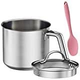 1.5 Quart Stainless Steel Saucepan with Pour Spout, Sauce Pan with Straining Lid for Easy Draining - Perfect for Boiling Milk, Sauce, Gravies, Pasta, Noodles