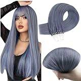 RUNATURE Micro Beads Hair Extensions Human Hair Haze Blue Remy Micro Ring Human Hair Extensions Straight Haze Blue Microlink Silky Hair Extensions Colored 14 Inch 25g/25strands