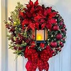 Christmas Wreaths Halloween Wreaths With Lights, 40CM/16 Inch Door Wreaths and Lantern, Baubles, Berries and Bows, Artificial Christmas Garland for Front Door Holiday Indoor Outdoor Decor (Red)