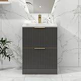 Lyon 600mm Gloss Anthracite Floor Standing Vanity Unit - 2 Drawer, Solid Surface Undrilled Stone Basin, Brushed Brass Handle - Stylish Bathroom Upgrade