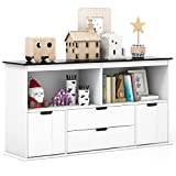 COSTWAY Kids Toy Storage Cabinet, Wooden Playroom Chest with Drawers and Large Open Shelf, Children Room Toys Books Storage Organizer for Boys Girls