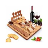1 Cheese Board, Serving Tray With 4 Stainless Steel Knives, Solid Wood Charcuterie Board (14'x11')