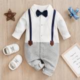 Baby Gentleman Stylish Fake Overalls Cotton Bodysuit For Spring And Autumn, Kid's Party Casual Clothes